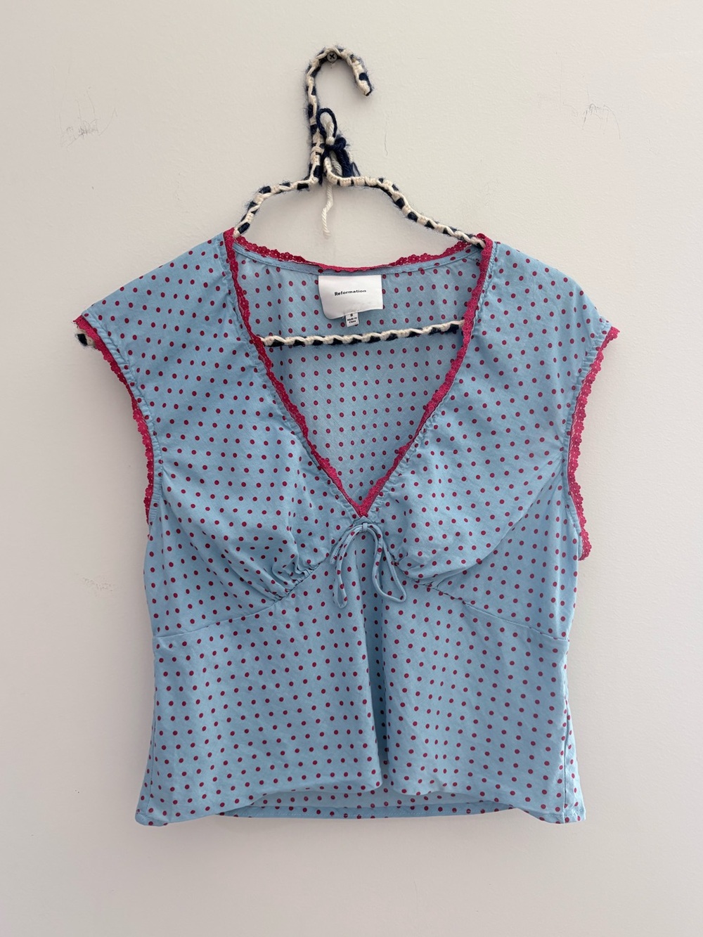 Reformation Blue Polka Dot V-Neck Camisole with Pink Trim